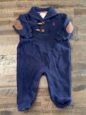 6m Ralph Lauren Navy Footed Baby Boy Romper | Brown Elbow Patches & Wood Toggles